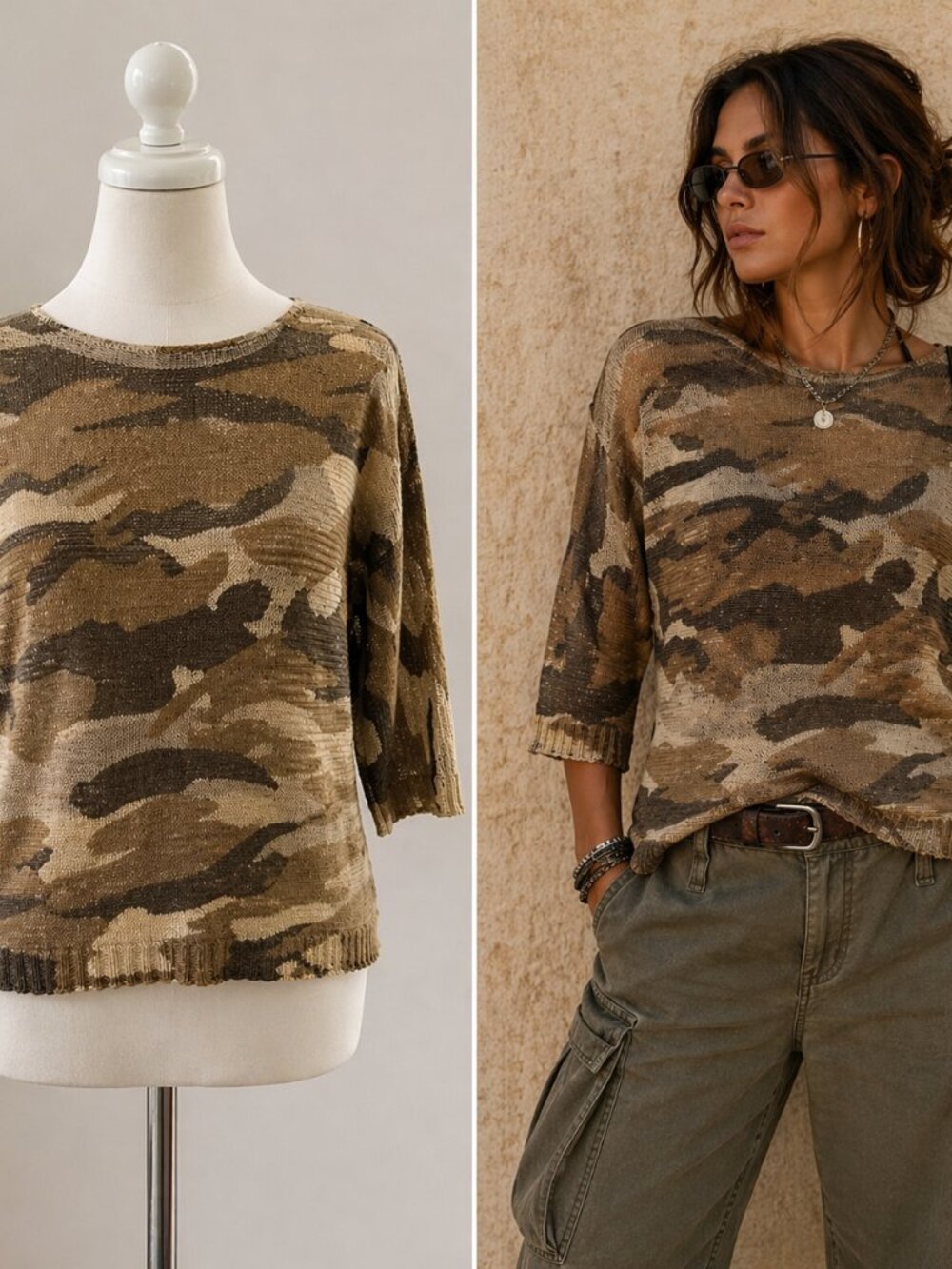 Free For Humanity Italy Knit Camo Layering Sweater Boho Grunge Euro Lightweight